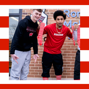 Connor and Chucky Badger basketball players wearing striped socks
